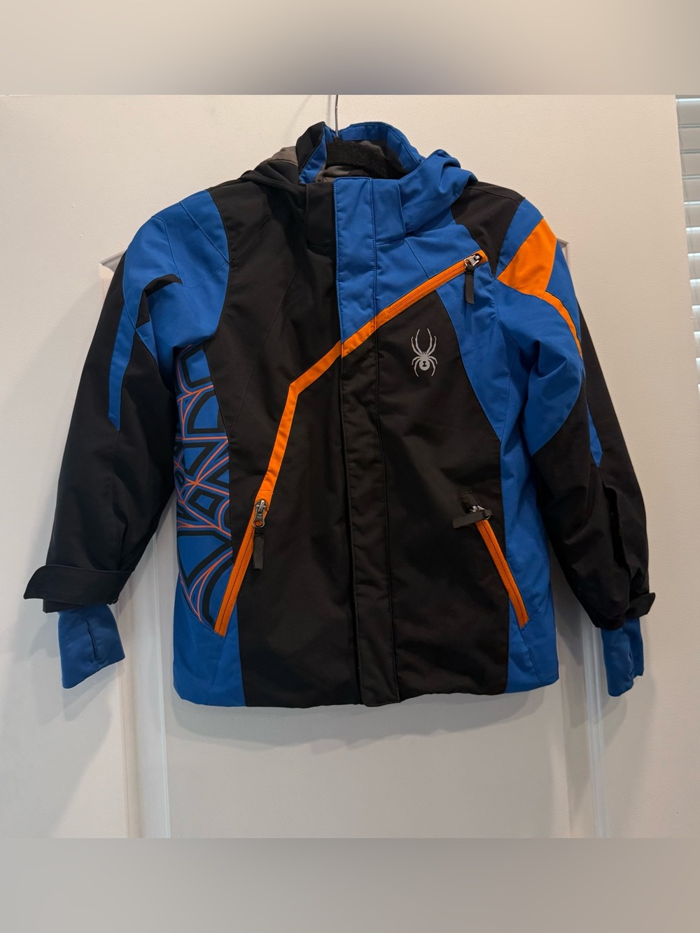 Spyder full zip hooded blue and black kids jacket size 8